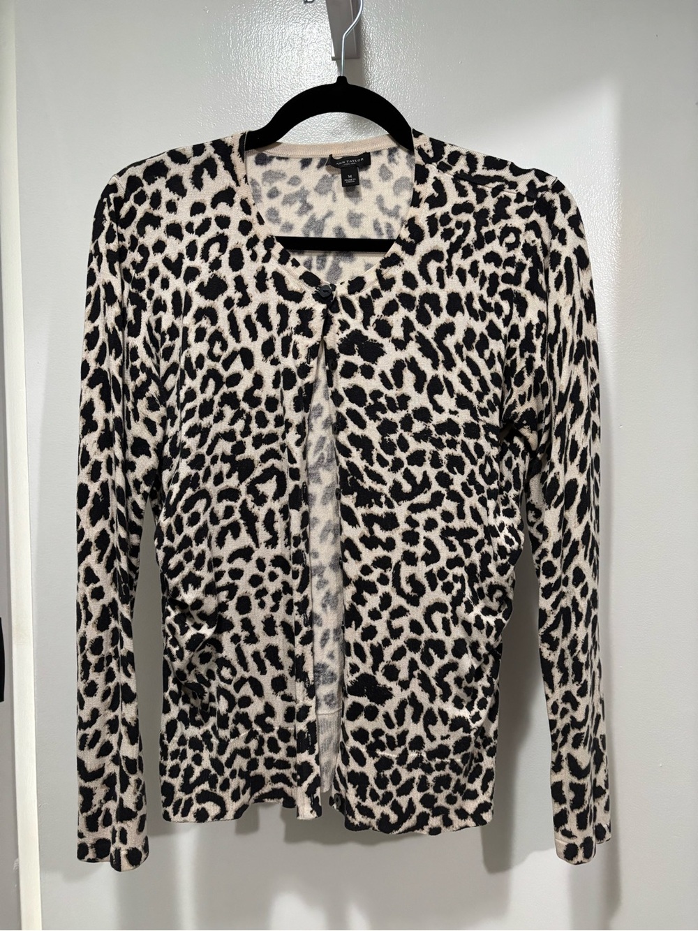Ann Taylor Black and Cream Leopard Print Silk Cotton Cashmere Cardigan Medium